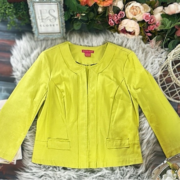 Sunny Leigh Neon Chartreuse Structured Blazer Jacket Statement Color Pop, 6 - Picture 3 of 12